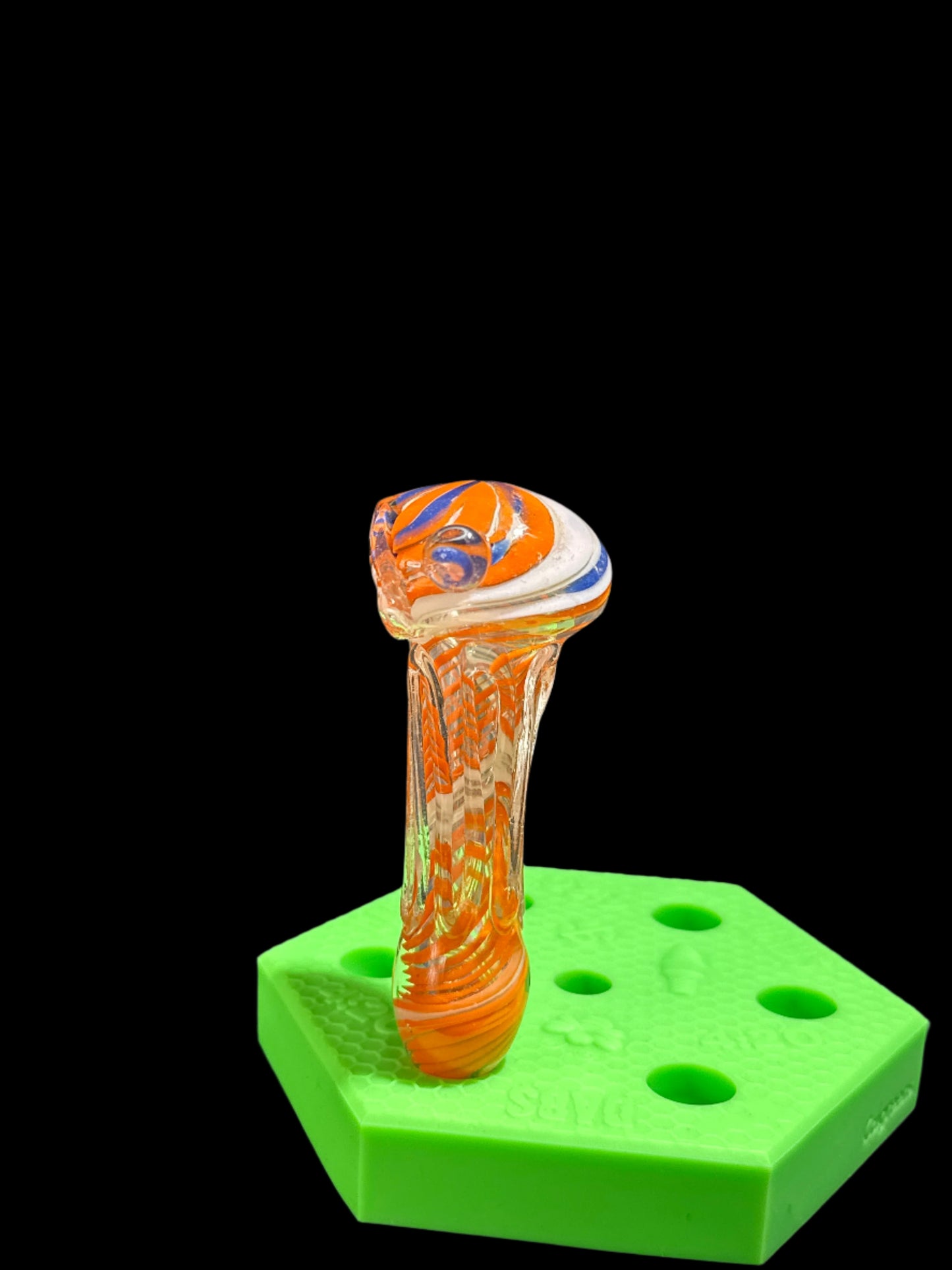 ORANGE, CLEAR, BLUE, AND WHITE GLASS HAND PIPE