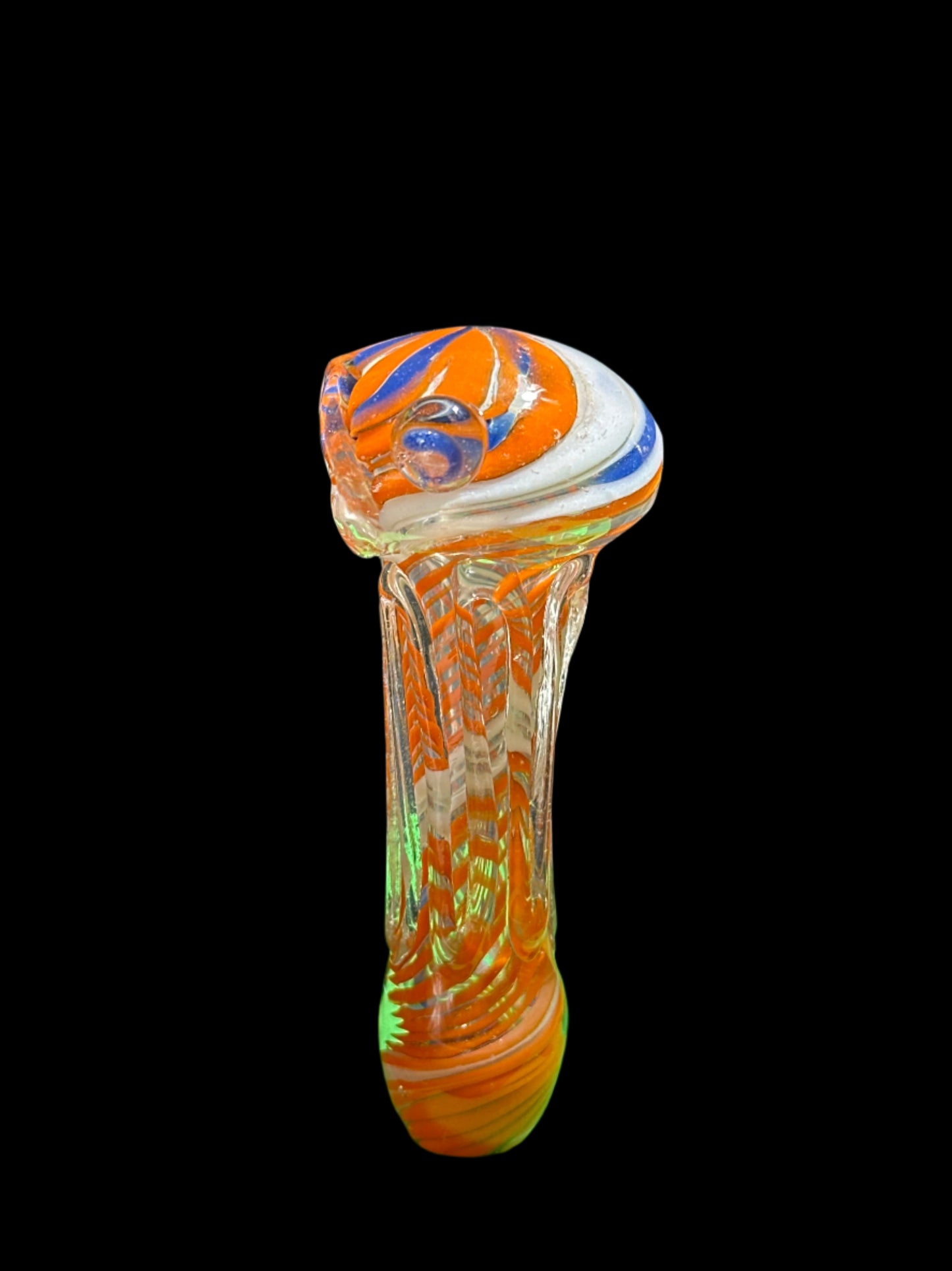 ORANGE, CLEAR, BLUE, AND WHITE GLASS HAND PIPE