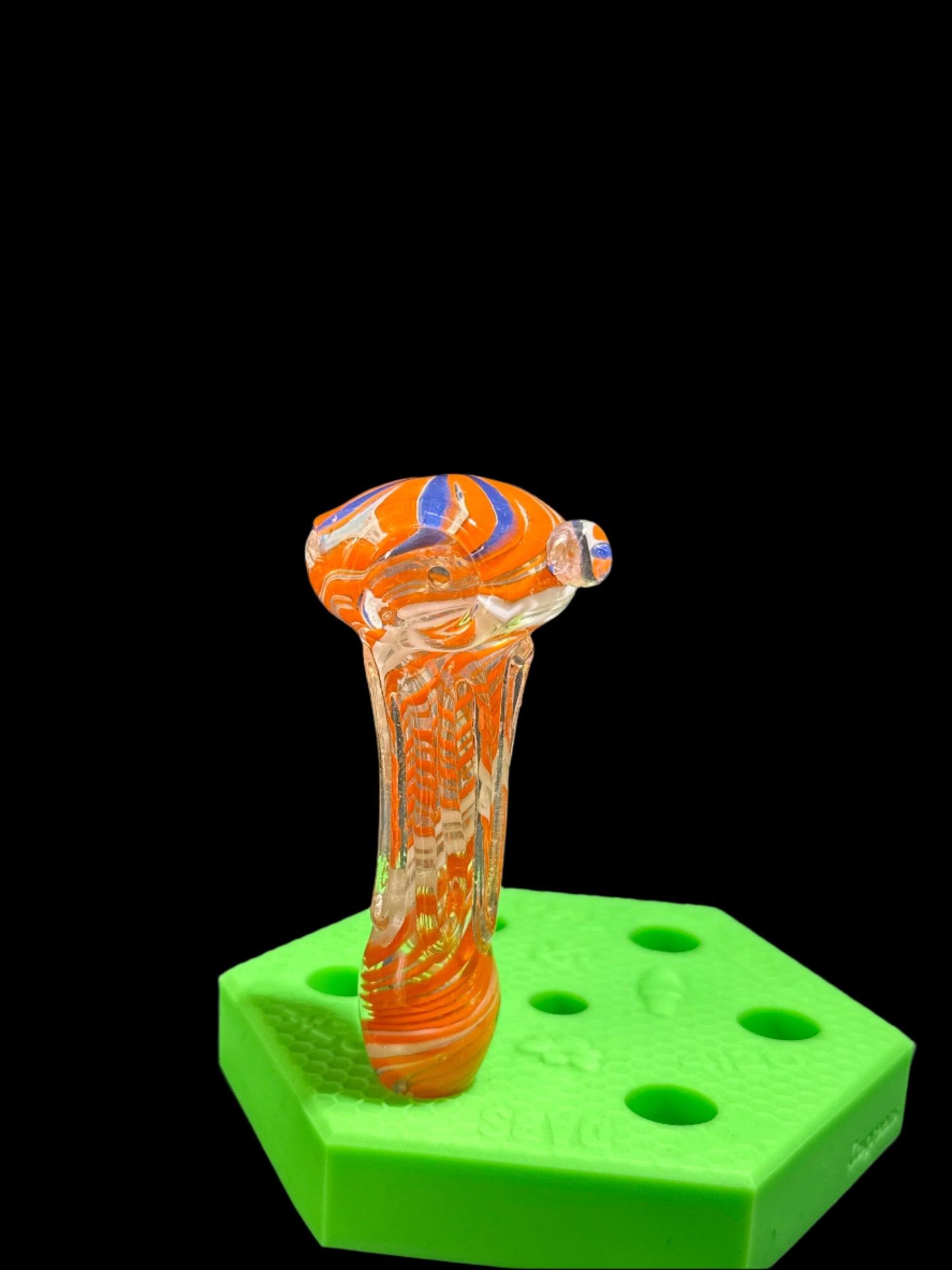 ORANGE, CLEAR, BLUE, AND WHITE GLASS HAND PIPE